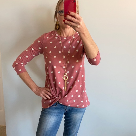 Tops - Mauve & White Polka Dot 3/4 Sleeve Top